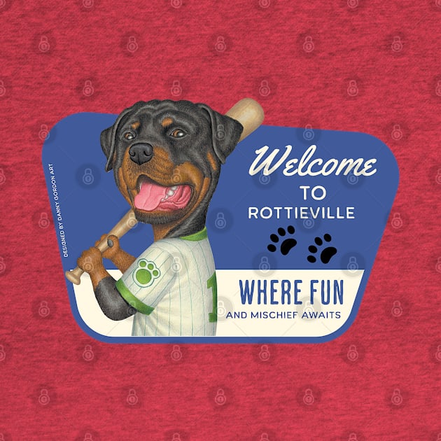 Cute Rottweiler in Baseball Uniform in Rottieville for fun by Danny Gordon Art